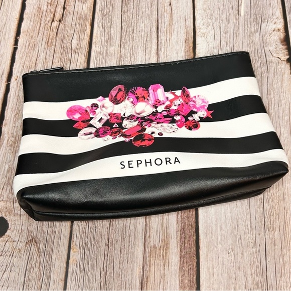 Sephora Handbags - Sephora Black and White Striped Cosmetic Bag with Pink Gem Design